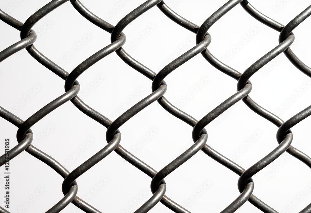 Fototapeta premium Repeating Metal Fence: Silver Chain Link, Seamless Wire Mesh, Industrial Texture, White Background, Studio Lighting, Metallic Surface, Security Fencing