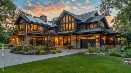 Wallpaper Mural Large modern house exterior with stone accents illuminated at dusk with colorful sky Torontodigital.ca