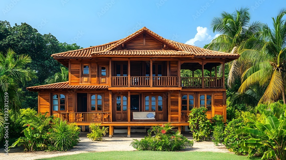 Tropical wooden house with a raised foundation, large airy balcony extending around all sides, palm trees and blue sky in the background Tropical wooden house with a raised foundation, large airy balcony extending around all sides, palm trees and blue sky in the background