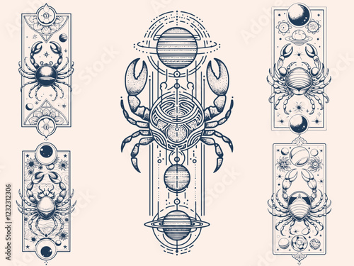 vertical alignment of Line art Cancer Zodiac Sign Collection, With celestial cosmic elements. Silhouette Sketch Set.