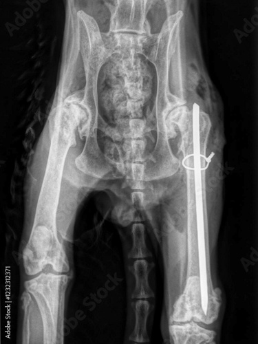 Pose d'une broche et d'un cerclage sur une fracture du fémur chez un chat âgé photo