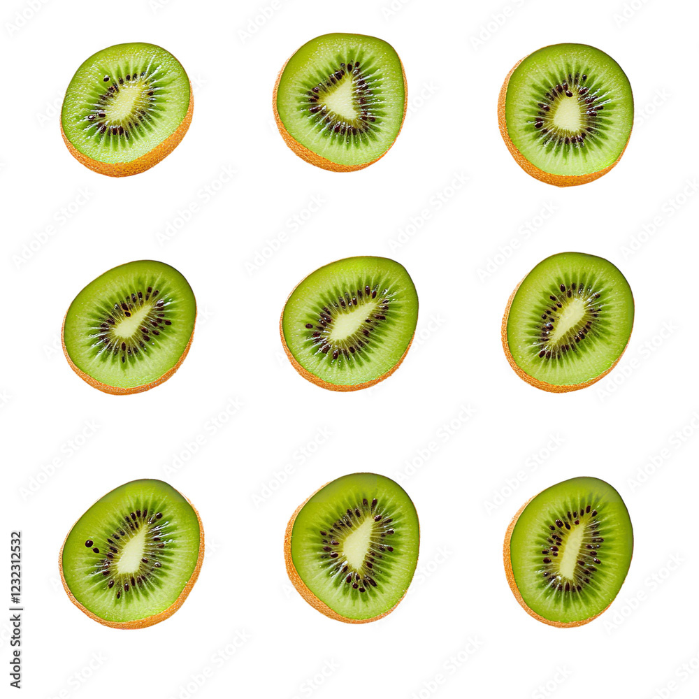 Fototapeta premium Nine Fresh Kiwi Slices Against a Black Background