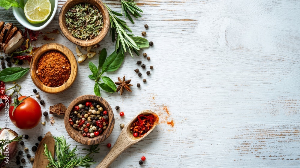 Culinary spices and herbs on rustic white wooden surface Culinary spices and herbs on rustic white wooden surface