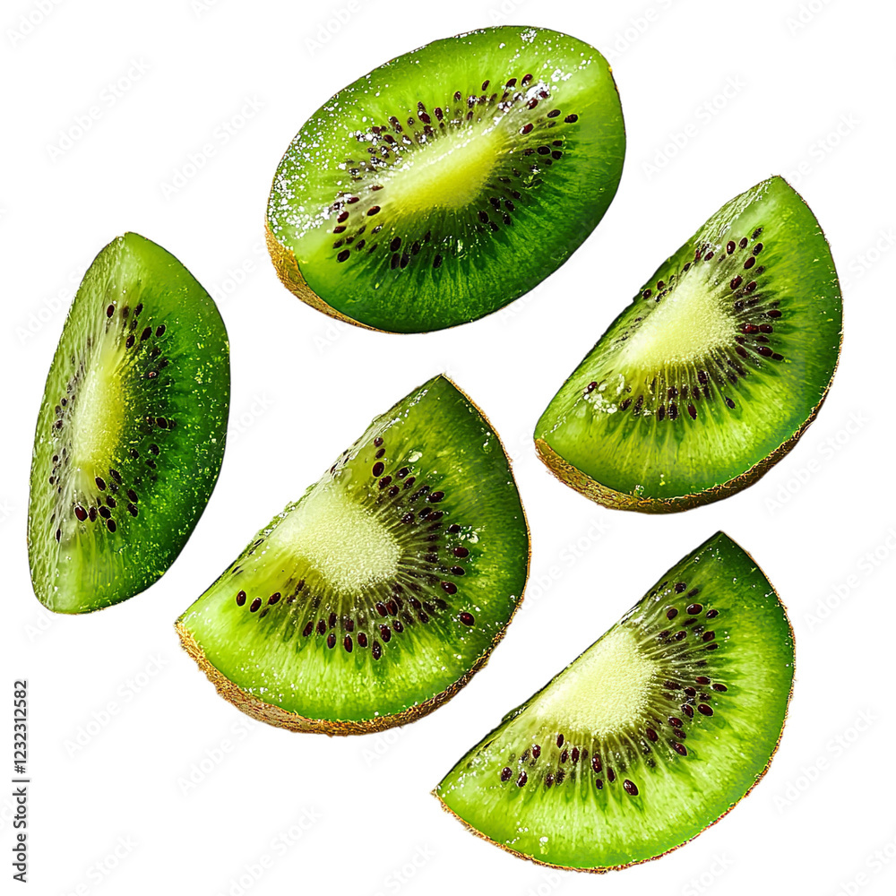 Fototapeta premium Fresh Kiwi Slices in Mid-Air Against a Black Background