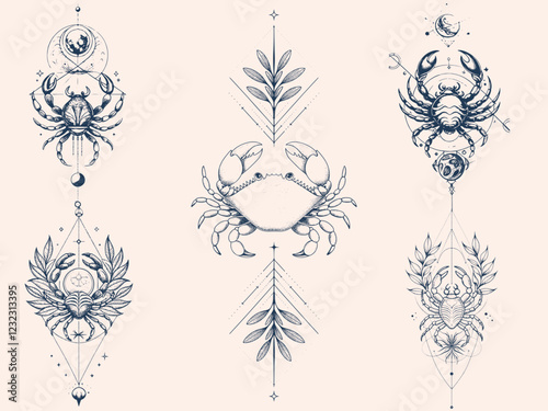 vertical alignment of Line art Cancer Zodiac Sign Collection, With celestial cosmic elements. Silhouette Sketch Set.