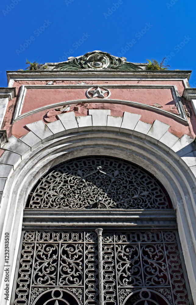 Ancient facade with decorative ornaments in Petropolis, Rio de Janeiro, Brazil
