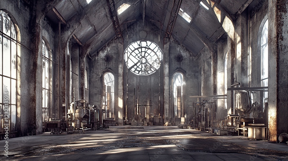 Fototapeta premium Ruined church interior, sunlight, machinery, decay, post-apocalyptic, game background