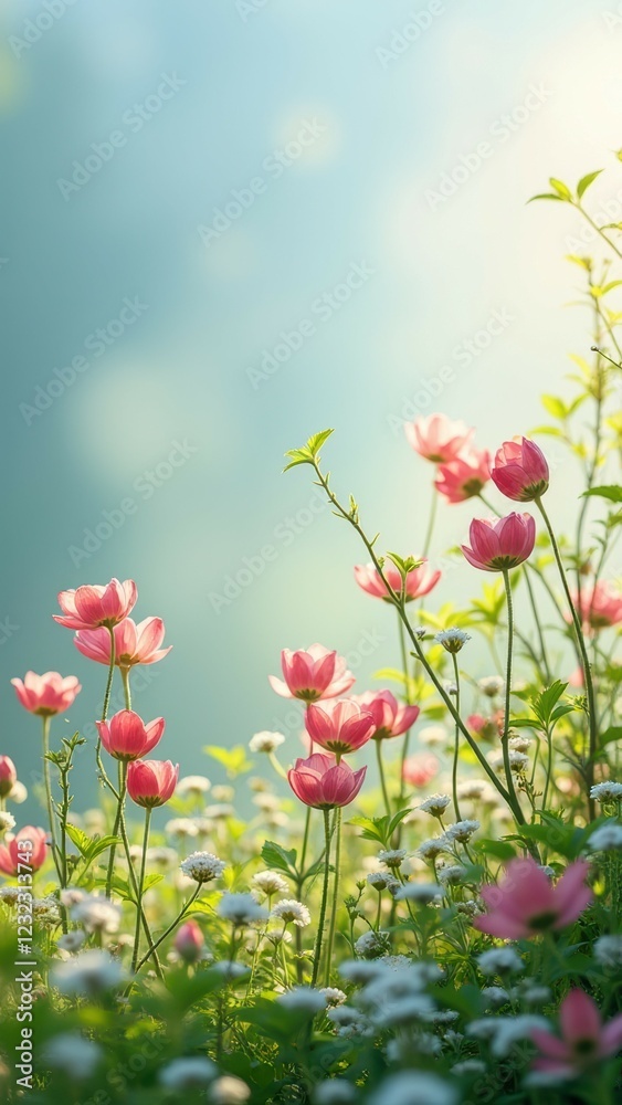 Obraz premium Vibrant pink tulips and white daisies in lush spring meadow