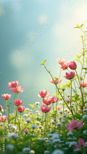 Vibrant pink tulips and white daisies in lush spring meadow
