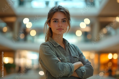 Young woman stands confidently with arms crossed in a modern indoor space during daylight hours