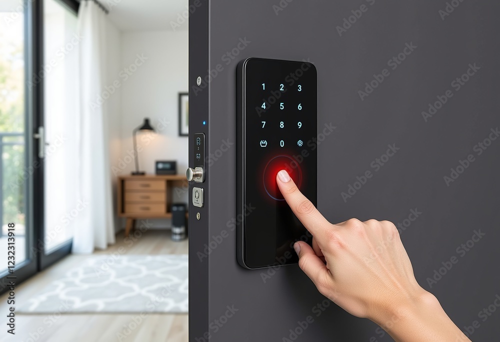 Modern Security: Fingerprint Identification on Digital Door Lock, Smart Access Control, NFC Capability, Keycard Option, PIN Code Security, Smartphone Unlocking, Advanced Technology, Contactless, Smart Modern Security: Fingerprint Identification on Digital Door Lock, Smart Access Control, NFC Capability, Keycard Option, PIN Code Security, Smartphone Unlocking, Advanced Technology, Contactless, Smart