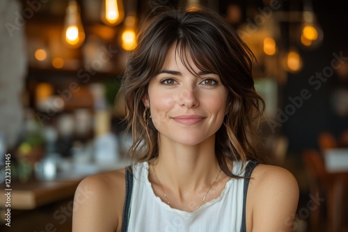 Woman with friendly smile in cozy cafe setting, warm lighting during daytime