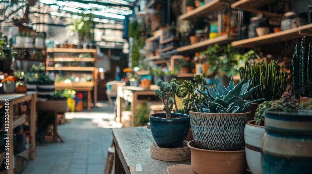 Outdoor pottery shop with handcrafted items in natural light Outdoor pottery shop with handcrafted items in natural light