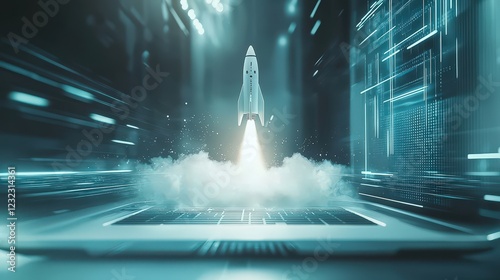 A rocket launching from a laptop, symbolizing digital innovation and rapid growth. Ideal for tech startups and software development.