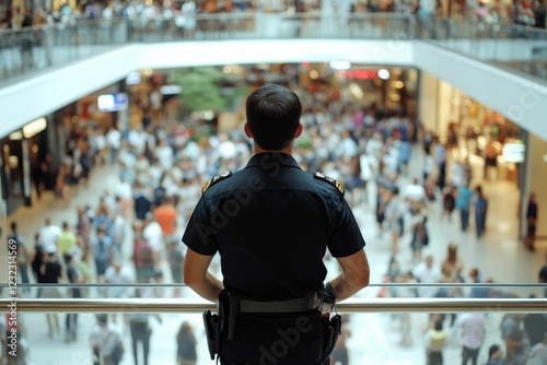 Security guard overlooks busy shopping mall crowd. photo