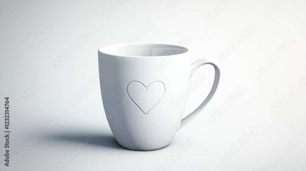 White Ceramic Mug with Embossed Heart on White Background White Ceramic Mug with Embossed Heart on White Background