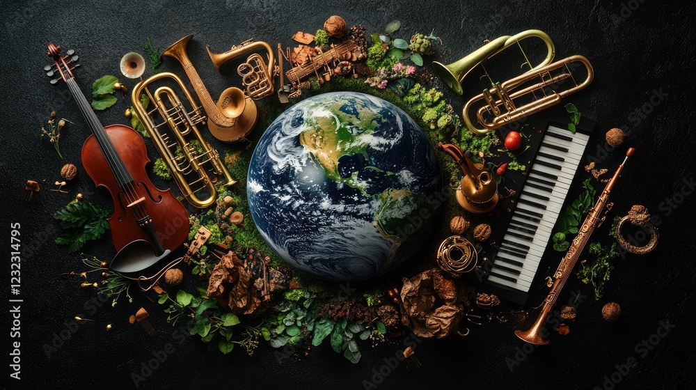 Naklejka premium A globe surrounded by musical instruments and nature elements on a black background.