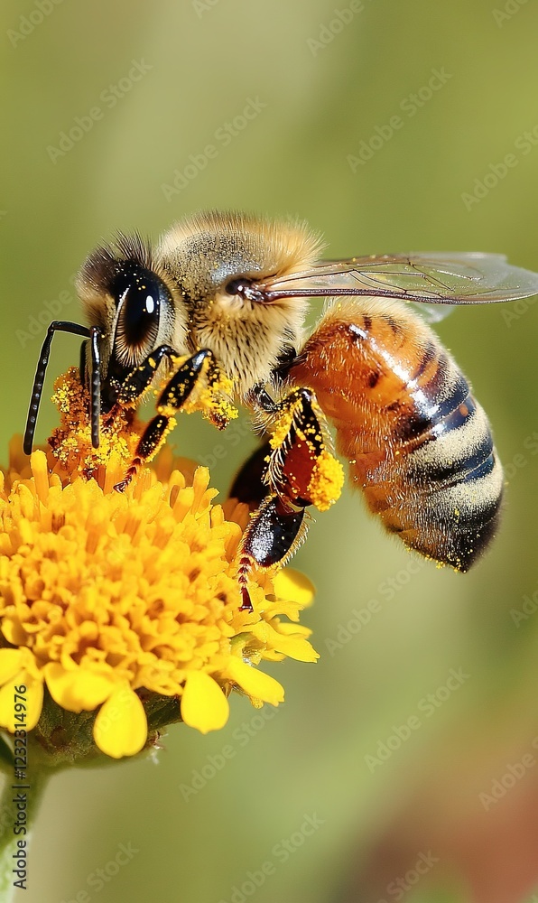 Bee pollinating yellow wildflower in a meadow, close-up for nature or conservation projects Bee pollinating yellow wildflower in a meadow, close-up for nature or conservation projects
