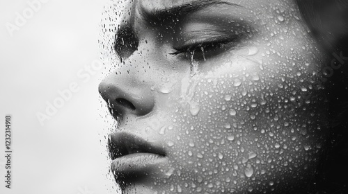 Emotional double exposure of a crying face with raindrops on glass