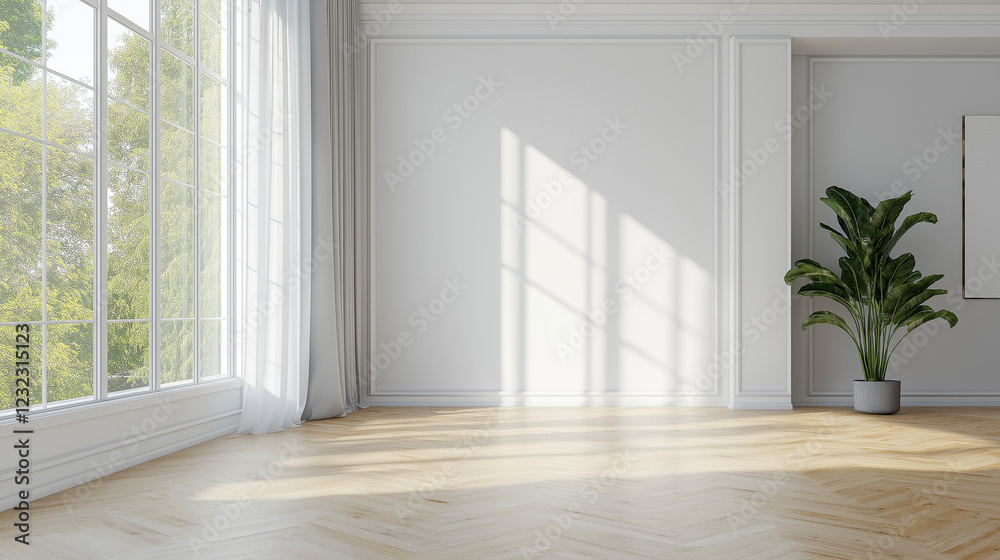 Modern, white, empty room with a parquet floor and a large window Modern, white, empty room with a parquet floor and a large window