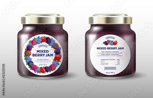 Mixed berry jam label and packaging. Berry wreath with text inside. Glass jar mockup with golden lid and label.