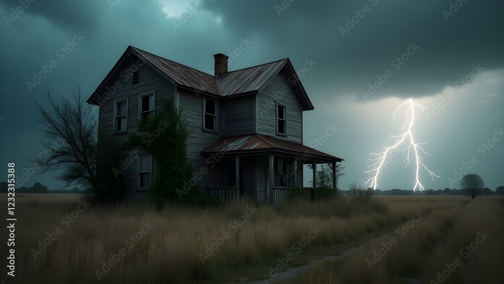 An abandoned farmhouse surrounded by tall grass under a stormy sky An abandoned farmhouse surrounded by tall grass under a stormy sky