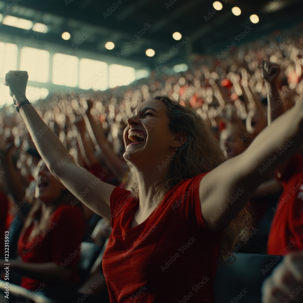 Fototapeta premium Joyful Woman Cheering in a Vibrant Crowd at a Sporting Event with Energetic Atmosphere