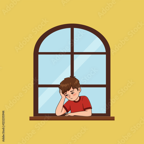 Sad Boy Gazing Through Arch Window A Pensive Cartoon Illustration