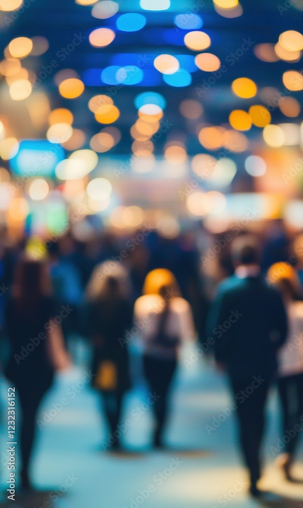 Blurred crowd at a busy event with colorful lights, ideal for event or conference backdrop Blurred crowd at a busy event with colorful lights, ideal for event or conference backdrop