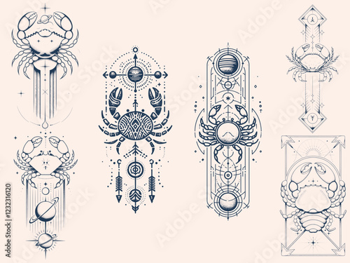 vertical alignment of Line art Cancer Zodiac Sign With celestial cosmic elements. Silhouette Sketch.