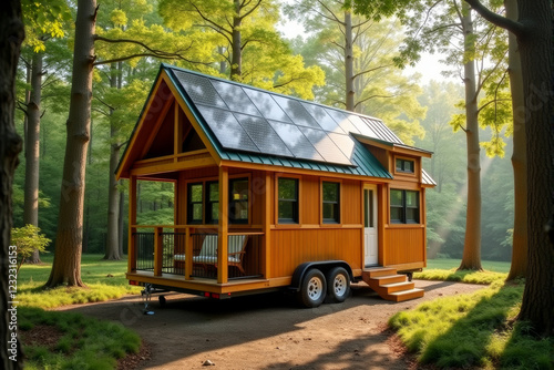 A small off-grid cabin with solar panels on the roof, nestled in a forest clearing