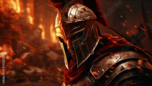 Warrior wearing iron helmet and red cloak.