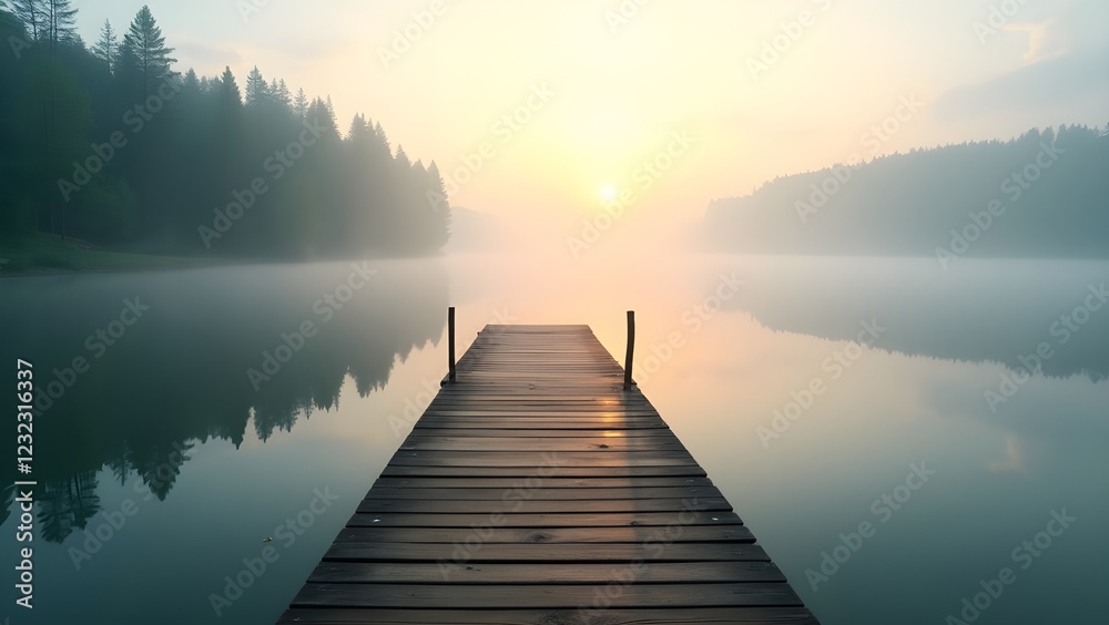 Fototapeta premium An empty dock leading into a foggy, still lake with soft shadows