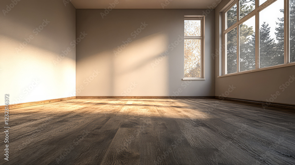 Obraz premium Empty room with natural light and wooden flooring in a tranquil setting at midday