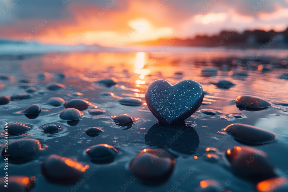 Fototapeta premium Heart-shaped stone on wet beach reflecting sunset colors near the ocean