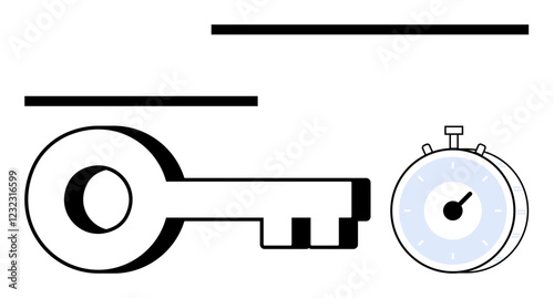 Large key alongside stopwatch highlighting time management, decision-making, success potential. Ideal for goals, productivity, opportunities, efficiency, strategy, focus abstract line flat metaphor