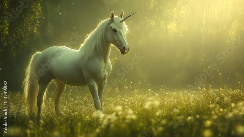 A Majestic White Unicorn Standing in a Glowing Moonlit Meadow