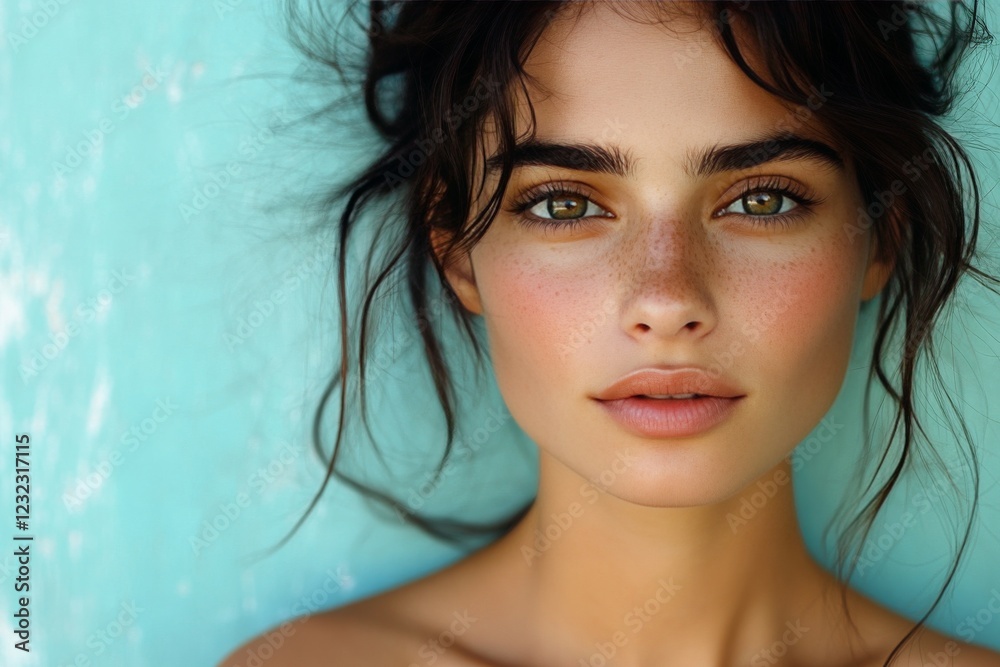 Natural beauty promotes an effortless charm with a serene expression against a vibrant background Natural beauty promotes an effortless charm with a serene expression against a vibrant background