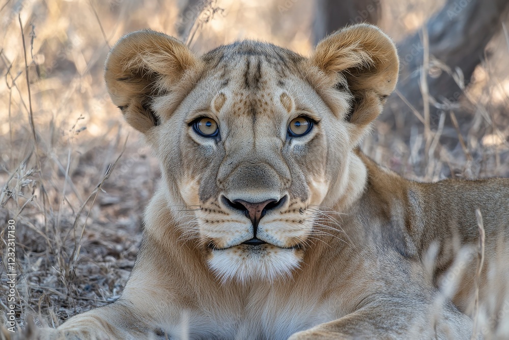 Obraz premium Majestic lioness resting under trees in the African savannah during daylight hours