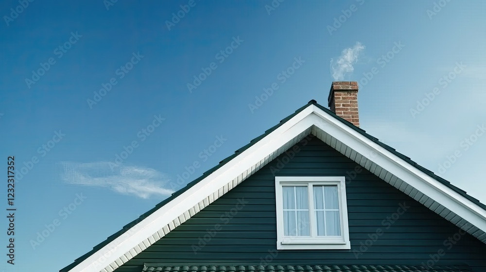 Old house featuring green shingle cladding and a red brick chimney, surrounded by trees on a bright sunny day with a clear sky Old house featuring green shingle cladding and a red brick chimney, surrounded by trees on a bright sunny day with a clear sky
