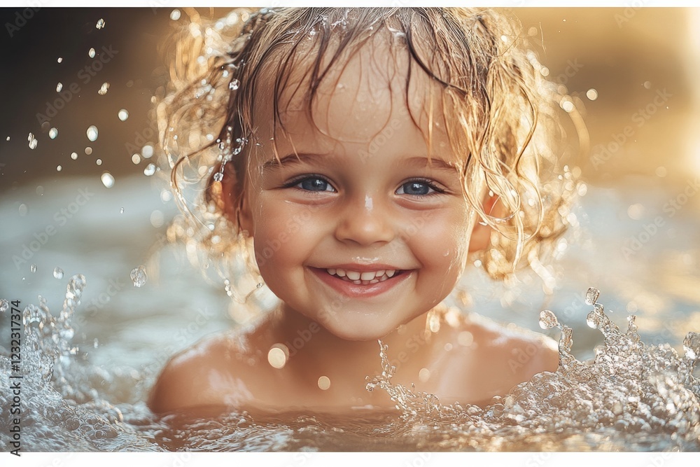 Smiling child enjoying a splashing water play in a sunny outdoor setting Smiling child enjoying a splashing water play in a sunny outdoor setting