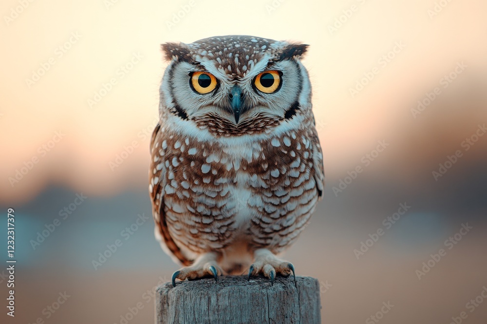 Fototapeta premium Majestic owl perched on a wooden post during a serene sunset in a natural landscape