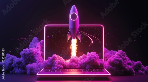A rocket launching from a laptop screen, surrounded by neon purple smoke, symbolizing digital innovation and startup growth. Perfect for business, technology, and marketing themes.