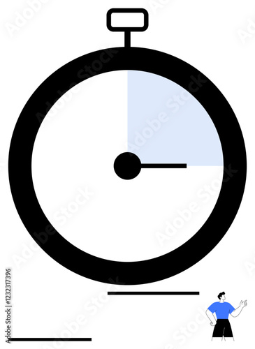 Oversized stopwatch with partial blue highlight, minimalistic design, small figure pointing. Ideal for time management, productivity, goal-setting, deadlines, planning, schedules abstract line flat