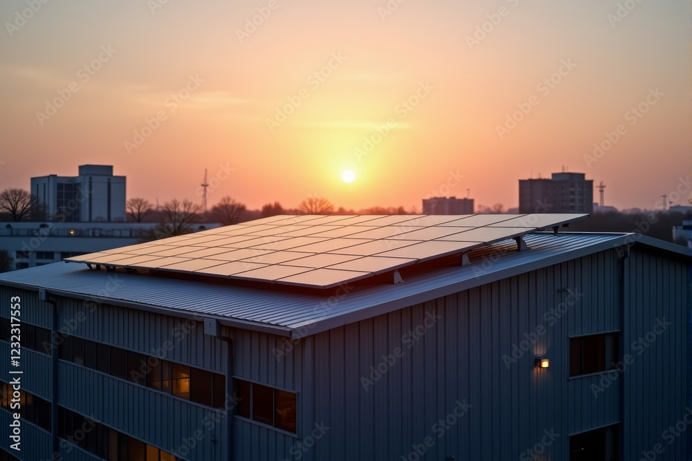 A photo of a house during golden hour, showcasing solar panels glinting in the warm sunlight.