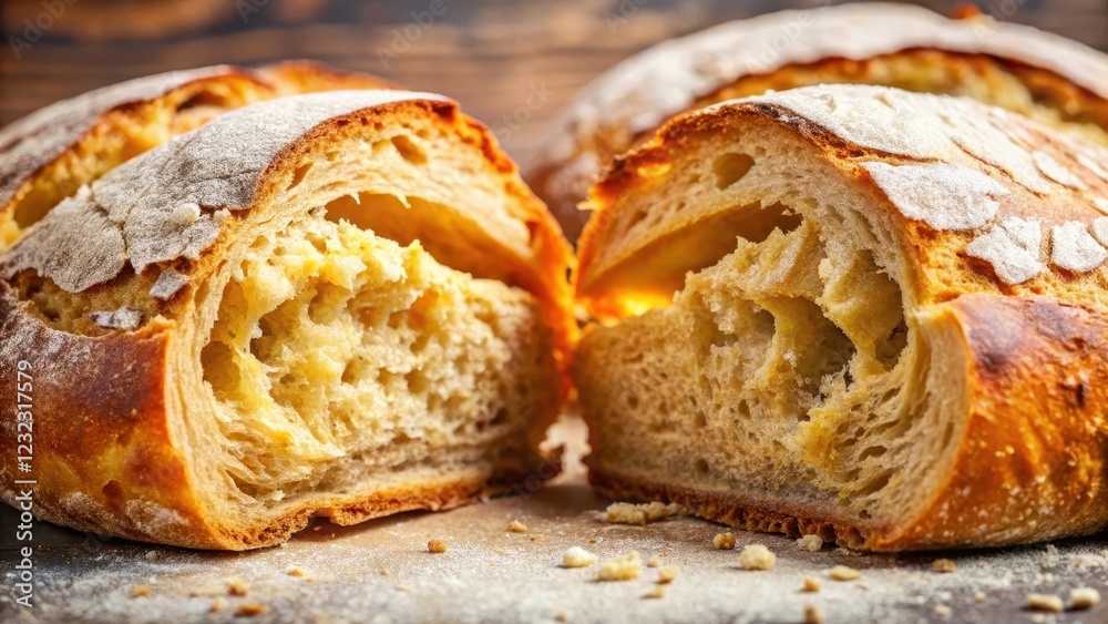 Freshly baked bread with golden crust and soft interior being torn apart by sharp teeth , tearing, texture, tearing Freshly baked bread with golden crust and soft interior being torn apart by sharp teeth , tearing, texture, tearing