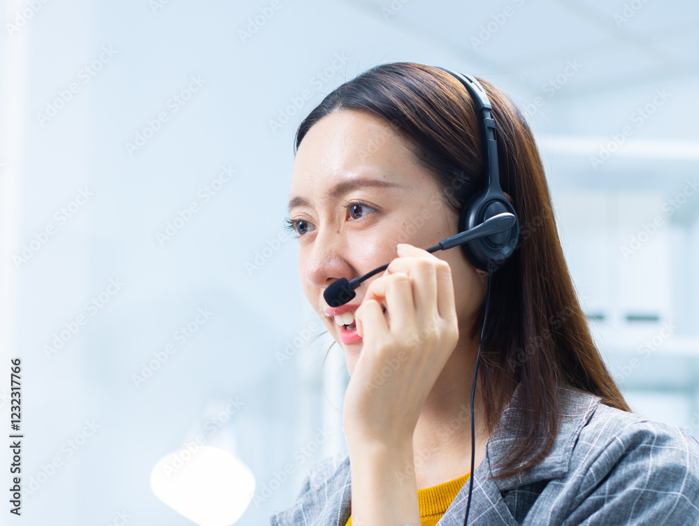 Confident Asian female call center agent with headset talking to client support for customer care in office. Asian woman telemarketing agent working on computer for consulting, customer support. Confident Asian female call center agent with headset talking to client support for customer care in office. Asian woman telemarketing agent working on computer for consulting, customer support.