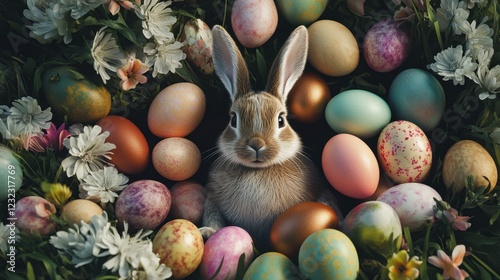 The Easter bunny is surrounded by bright Easter eggs and flowers, creating an atmosphere of joy and celebration. The vibrant colors and spring elements highlight the joy and renewal of Easter