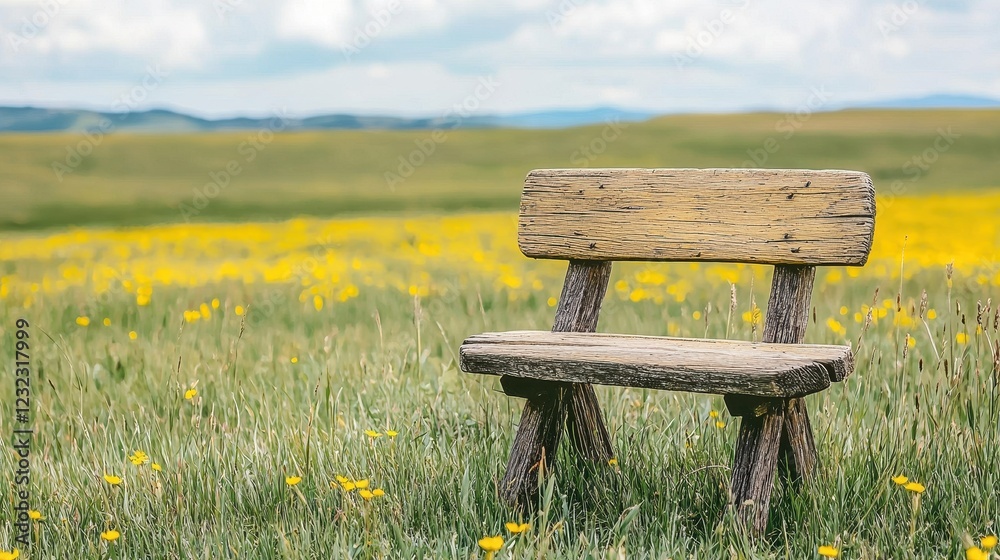 Serene Wooden Bench Amid Lush Green Field of Wildflowers Under Soft Blue Sky Serene Wooden Bench Amid Lush Green Field of Wildflowers Under Soft Blue Sky