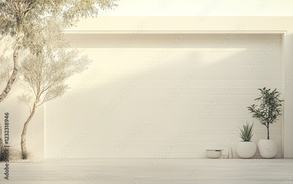 Obraz premium Modern minimalist exterior featuring plants and a textured wall in natural light